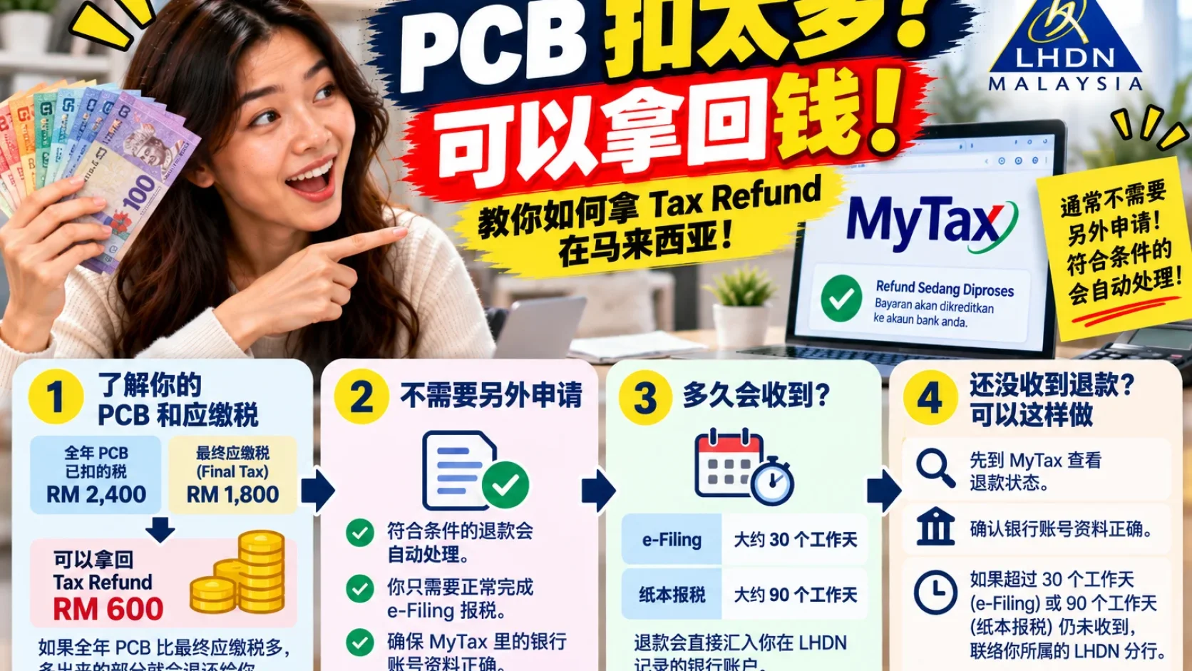 PCB 每个月都有扣，为什么报税后还能拿 Tax Refund？e-Filing 一般多久进 Bank？
